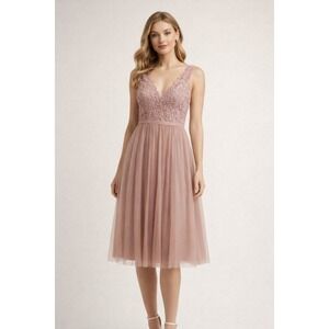 Adrianna Papell Pink Lace Tulle Midi Dress Size 8 V Neck Cocktail Wedding NWT
